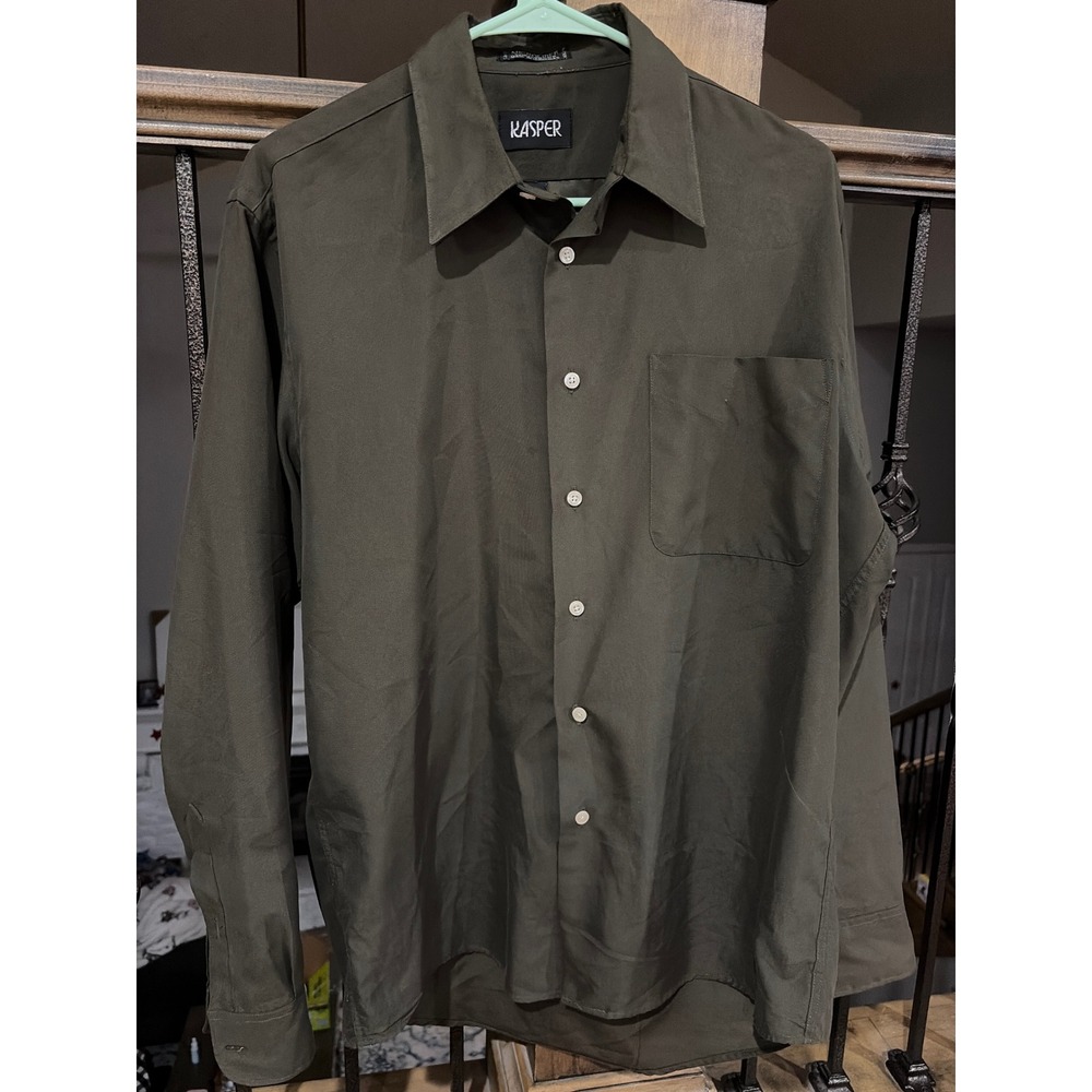 Kasper Mens Olive Green Microfiber Button Down Shirt Long Sleeve Size 15.5 34/35